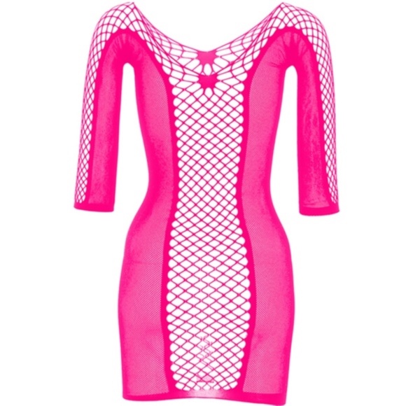 HOT Pink ** Long sleeve tube dress one size fits all Fishnet Dress. Hole Dress. - Picture 4 of 4